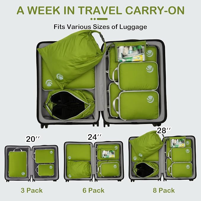 Cipway Compression Packing Cubes, Lightweight Travel Luggage Organizers with Shoe Bag, Toiletry Bag & Laundry Bag, Travel Essentials for Carry on Suitcase (8 Piece,Green) - Image 7