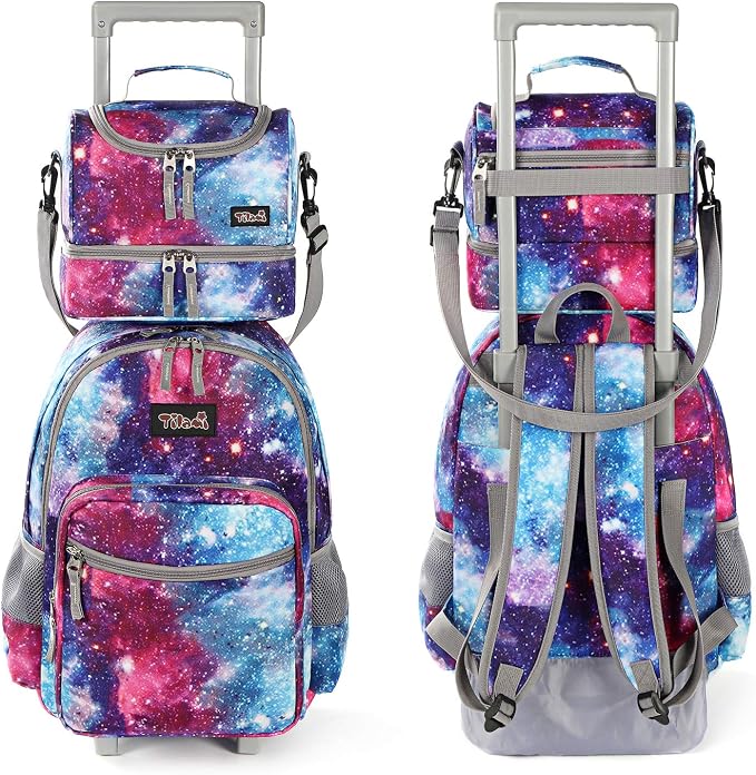 Tilami Rolling Backpack 18 inch Double Handle with Lunch Bag Wheeled Kids Backpack for Girls and Boys, Galaxy - Image 2