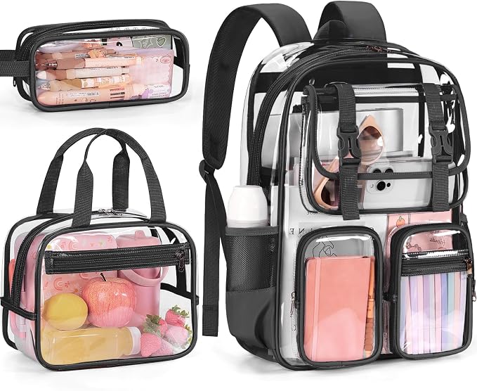Fimibuke Clear Backpack for Girls - 3 PCS Heavy Duty Kids Boys Clear Bags Schoolbag Large Transparent PVC Bookbag with Lunch Box Pencil Case Set for Travel School Concert Stadium Events Backpacks by Fimibuke