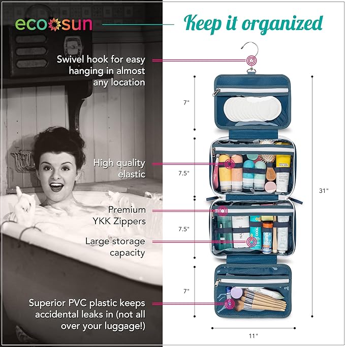 Eco Sun Hanging Travel Toiletry Bag — Designed in Hawaii — Water-Resistant Travel Organizer for Bathroom Accessories (Blue) - Image 3