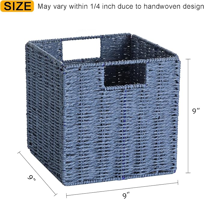 Vagusicc Wicker Basket, Set of 2 Hand-Woven Paper Rope Storage Baskets for Organizing, Foldable Cubby Storage Bins, 9 Inch Small Wicker Storage Basket, Square Baskets Cube Storage Organizer Bins, Blue - Image 2