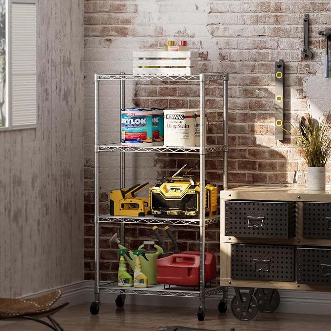 Golpart 4 Tier Shelves Storage Shelf Wire Closet Bathroom Organizers Metal Pantry Kitchen Garage Shelving Unit Laundry Room Organization Home Rack Net Basket White with Wheels 14”D X 24”W X 48.9”H - Image 7