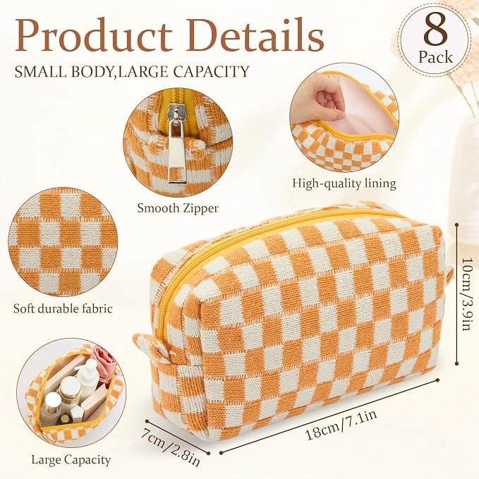 Gilprop 8 Pcs Checkered Makeup Bag for Purse Small Cosmetic Pouch Bulk Portable Zipper Makeup Pouch Travel Toiletry Organizer Gifts for Women Bridesmaid Wedding Party Favors (Orange) - Image 2