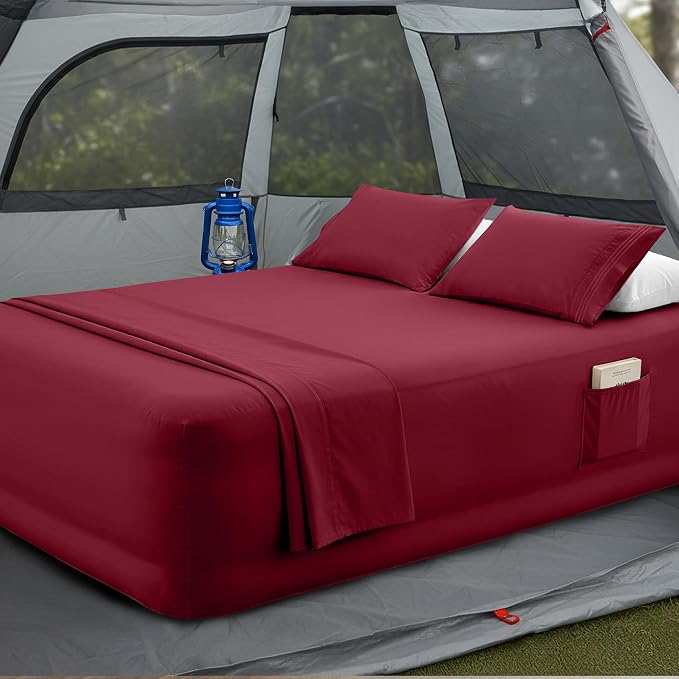 Mocassi 4-Piece Extra Deep Pocket 16-24 Inch Air Mattress Bed Sheet Set- 4PC Sheet Set with Smart Pockets Ideal for Air Beds, RVs, Camping and Guest Rooms Premium Hotel Quality, Queen, Burgundy by MocassiLuxuryBedding