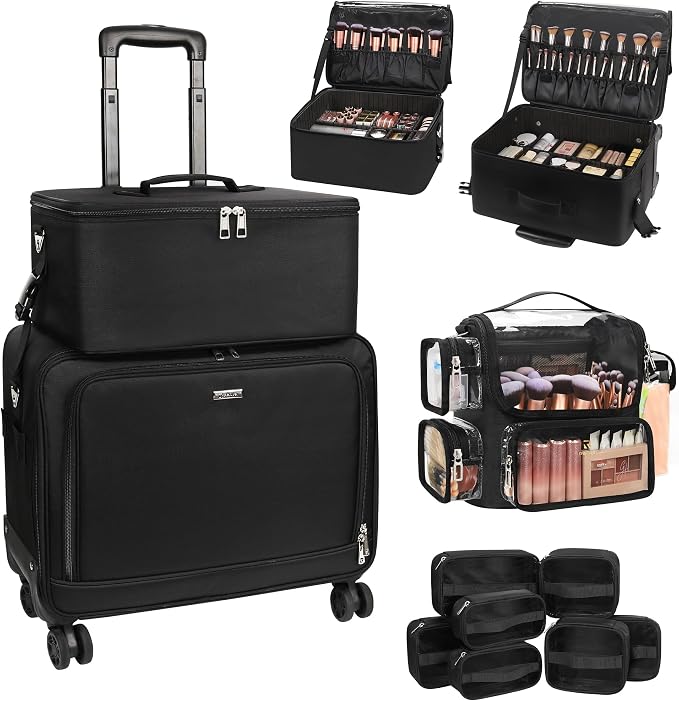 TANTO Rolling Makeup Train Case, Makeup Brushes Holder Extra Large Cosmetology Case on Wheels Professional Salon Travel Cosmetic Organizer for Makeup Artists with 7 Pouches & Swivel Wheels by TANTO