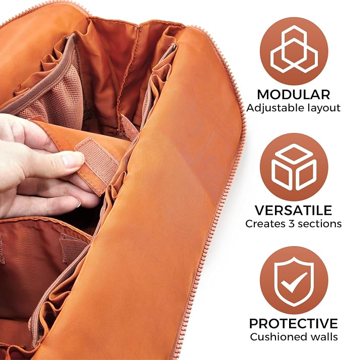 Travel Makeup Organizer Bag with Fold-Down Design and Adjustable Dividers, 27 Pockets & 3 Brush Storage Holders, Large Capacity Cosmetic Bags Toiletry Case (Brown, Large) - Image 3