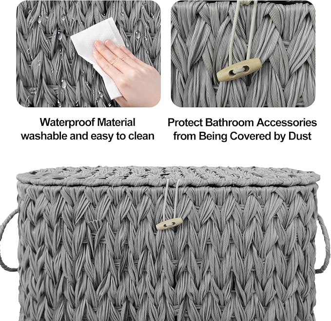 Coeusy Toilet Paper Storage Basket with Lid,Wicker Toilet Paper Holder Stand,Narrow Decorative Woven Bathroom Basket Organizer,Free Standing Grey - Image 7