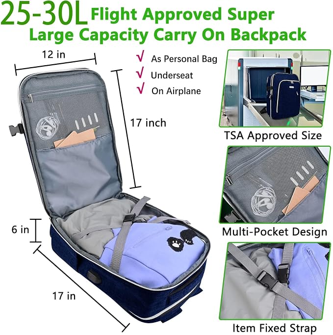 Personal Item Travel Carry On Luggage Backpack for Women Men Flight Approved Casual Weekender Laptop Bag for College Business Outdoors Hiking Water Resistant Lightweight Daypack with USB Charging Port - Image 4