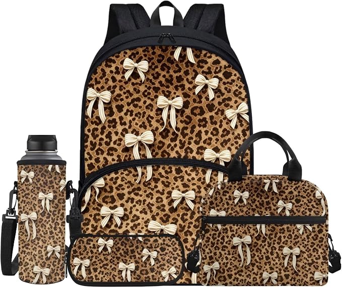 Bow Leopard Backpack for School Girls Cheetah Print Kids Bookbag Set Brown Leopard Skin School Backpack with Lunch Box Pencil Case Water Bottle Carrier Bag Travel Laptop Backpack 4Pcs by Jndtueit