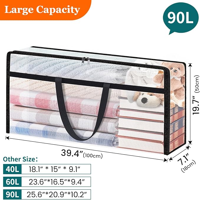 TasticTotes 6 Pack Long Clear Storage Bags for Comforter, Clothes & Bedding, Plastic Blanket Storage with Zipper and Handle, Moving Bags, Closet Organizer and Under-Bed Storage (90L, 39.4"*7.1"*19.7") - Image 2