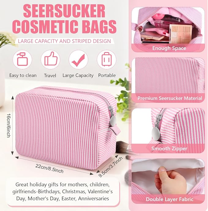 Giesiery 8 Pcs Seersucker Makeup Bags Striped Cosmetic Bags Bulk Organizer for Women Preppy Travel Toiletry Pouch for Wedding Bridesmaid Gifts (Pastel Color, Large) - Image 3