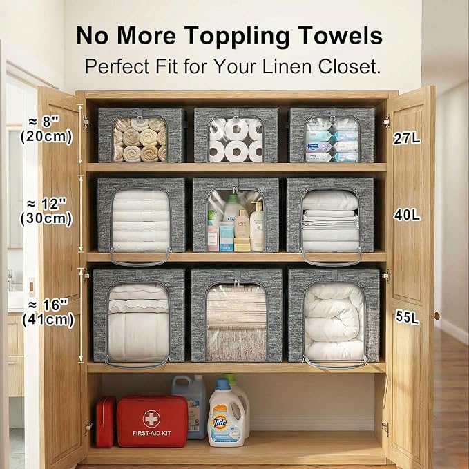 GoMaihe Blanket Storage Bins with Metal Frame, 6-Pack Large Closet Storage Bins with Lid & Clear Window, Comforter Bedding Storage Organizer for Walk-in Closet Cationic Fabric 55L - Image 4