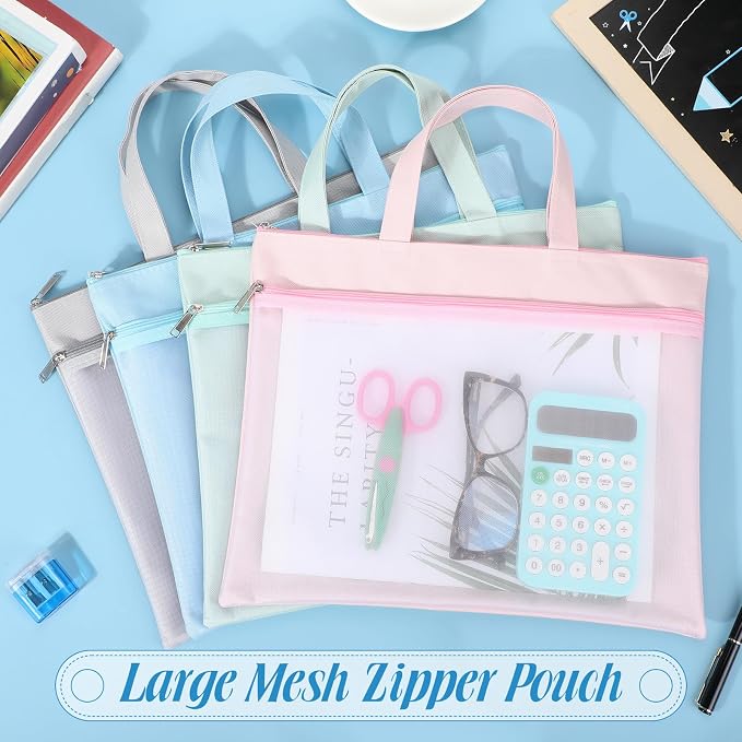Zhehao 16 Pcs Student Book Pouches with Handle Waterproof Document Bag Sew Project Bag for Quilting Mesh Zipper Pouch File Artwork Storage Organize for A4 Files, 14 x 11 Inch - Image 3