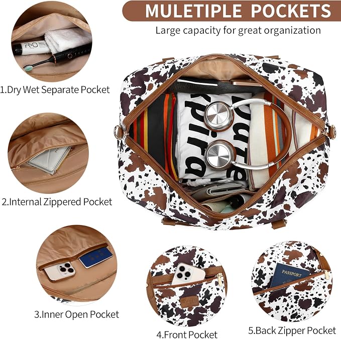 Wogarl 3PCS Weekender Bags for Women Large Overnight Bag Weekend Travel Duffel Bag Carry on Shoulder with Shoe Compartment Toiletry Bag Satchel Bag for Travel Business Gym,Brown Cow - Image 4