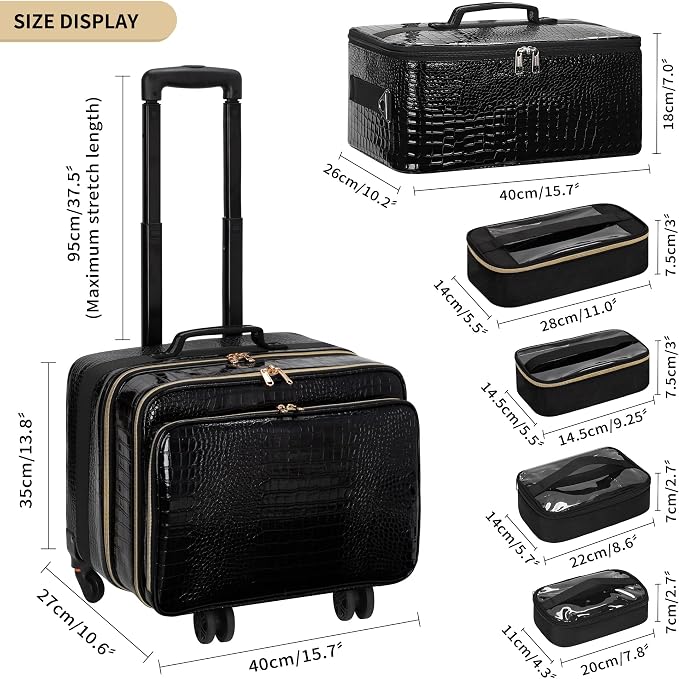 OCHEAL 18" Rolling Makeup Train Case Professional 2-in-1 Trolley Case | | Large Makeup Case, 6 Travel Cosmetic Bags, Pro Artists & Makeup Artists, Beauty Trolley Train Case - Image 2