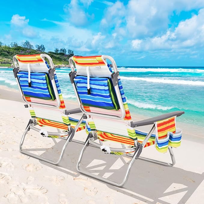 Giantex Folding Beach Chair, Patio Sling Chairs with 5 Adjustable Position, Head Pillow, Storage Bag, Towel Bar, Cup Holders, Backpack Chairs for Sunbathing, Camping Chair - Image 2