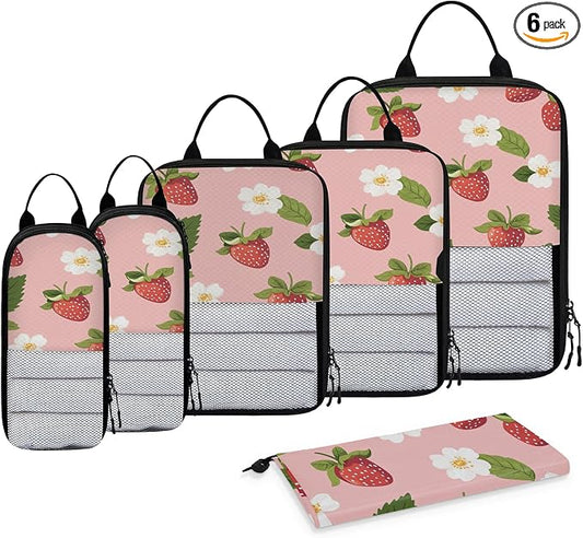 Floral Strawberry 6 Set Compression Packing Cubes for Travel Luggage Carry On Suitcase Compressible Expandable Packing Cubes Organizers Bag by BICUUZHI
