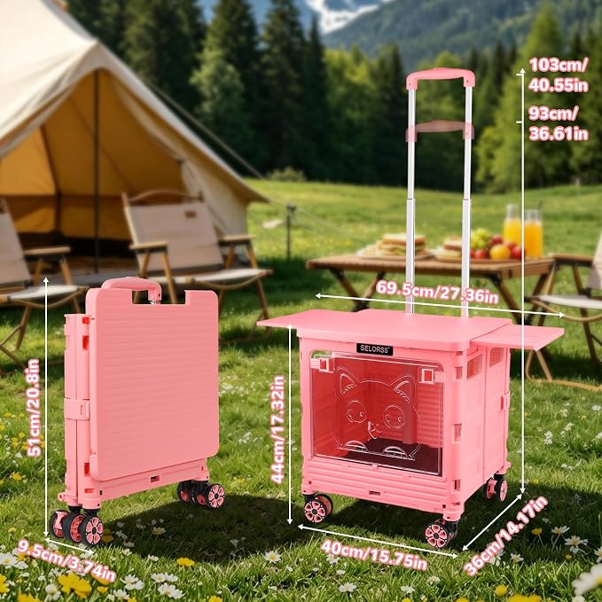 FELICON SELORSS Folding Utility Cart Portable Rolling Crate Handcart-Pink | Magnetic Sliding Lid+Lockable Transparent Front Panel,Telescoping Handle,4 Swivel Wheels Tote for Travel Shop Office Teacher - Image 7