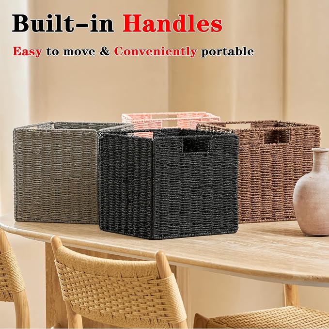 Vagusicc Wicker Storage Basket, Set of 2 Hand-Woven Wicker Basket, Foldable Cube Storage Bin, Black Storage Basket, Square Storage Baskets for Organizing Shelves & Decor, Black (11″×11″×11″) - Image 6