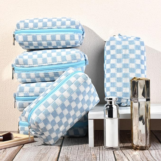SOIDRAM Checkered Makeup Bag Preppy Cosmetic Bag Bulk Blue Makeup Pouch Personalize Travel Toiletry Bag Organizer Cute DIY Makeup Brushes Storage Bag for Women - Image 6