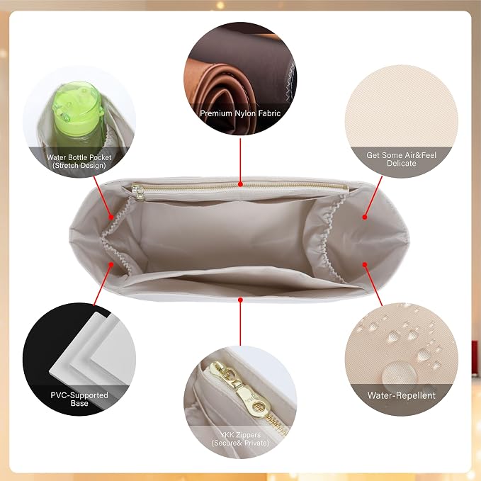 Soft Nylon Purse Organizer Insert for Longchamp Le Pliage L Tote Bag,Lightweight Luxury Long Champ Large Tote Divider Shaper with Cup Holder,Zipper Bags Inner Linner with 7 Deepened Pockets,L/Beige - Image 8