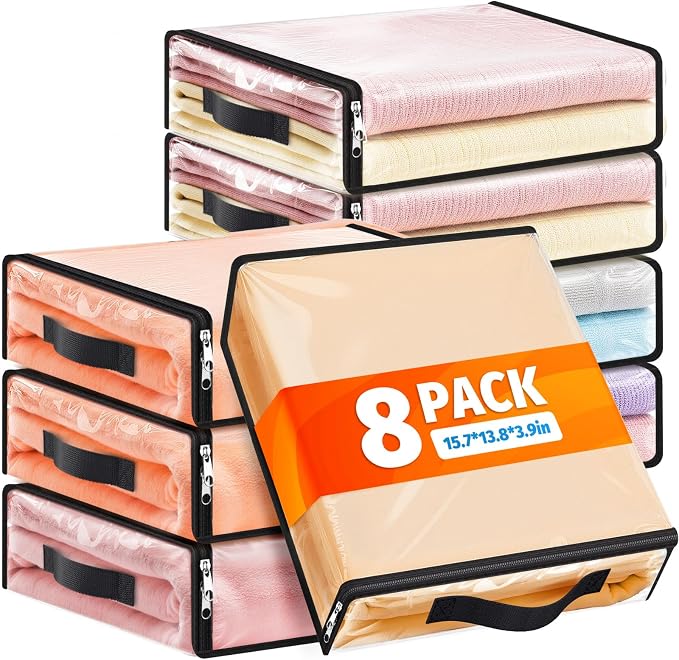 SpaceWhisper 8 Pack Clear Storage Bags, Plastic Blanket Storage Bags with Zipper and Handle, Moving Bags for Comforter, Bedding & Clothes, Closet Organizer and Under Bed Storage (15.7x13.8x3.9 Inch) by Unknown
