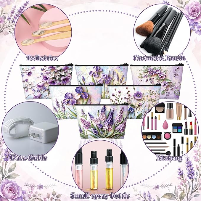Sweetude 12 Pcs Purple Relief Flower Makeup Bags Bulk Purple Portable Travel Cosmetic Bag with Zipper Oil Painting Floral Waterproof Roomy Travel Toiletry Organizer Storage Beauty Pouch for Women Gift - Image 4
