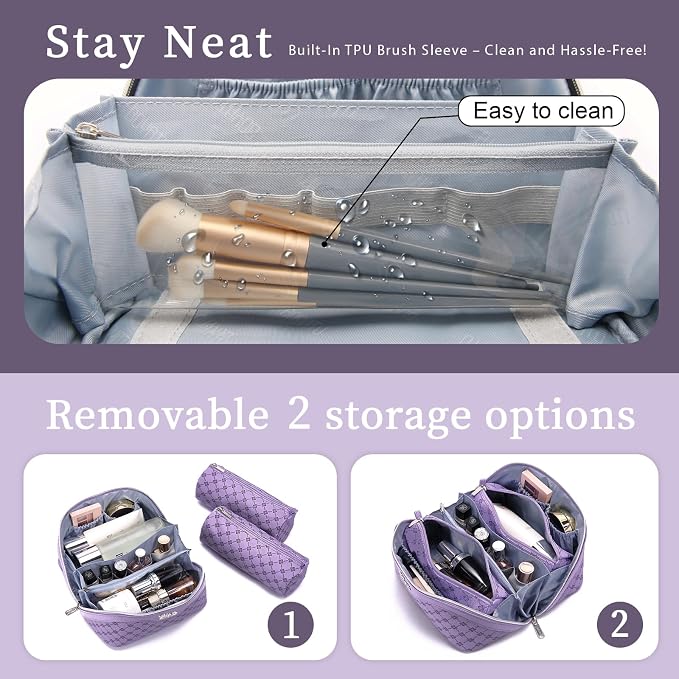 BOYATU Travel Makeup Bag Cosmetic Bags for Women: 3 Pcs Set Large Capacity Make up Bag with Handle - Vegan Leather Toiletry Bags with Compartments - Makeup Organizer for Travel Essentials(A-9-Purple) - Image 4