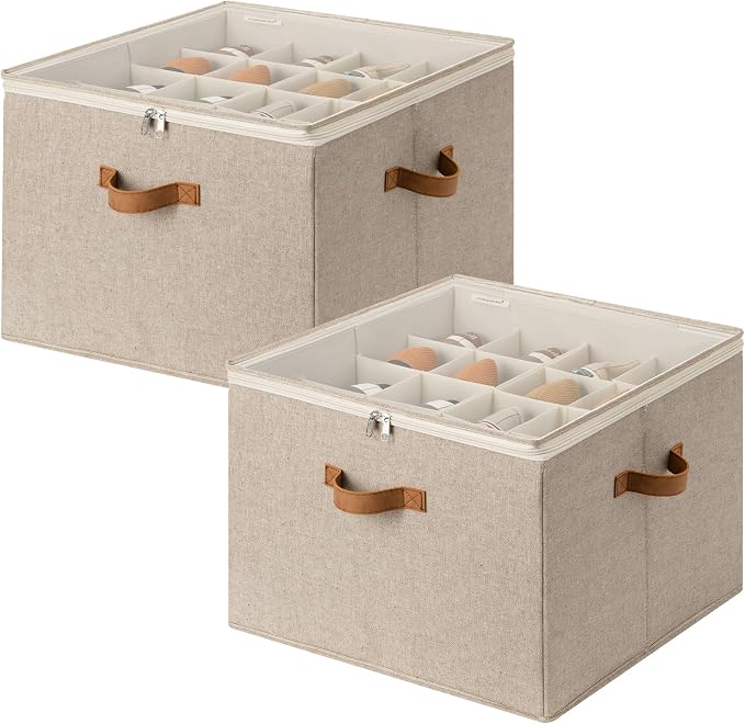 StorageWorks 2 Pack Shoe Organizer for Closet, Foldable Shoe Storage Box with Adjustable Dividers, Shoe Boxes Organizer for Entryway, Closet Shoes Organizer for Sandals, Sneakers, Fits 32 Pairs, Taupe by StorageWorks