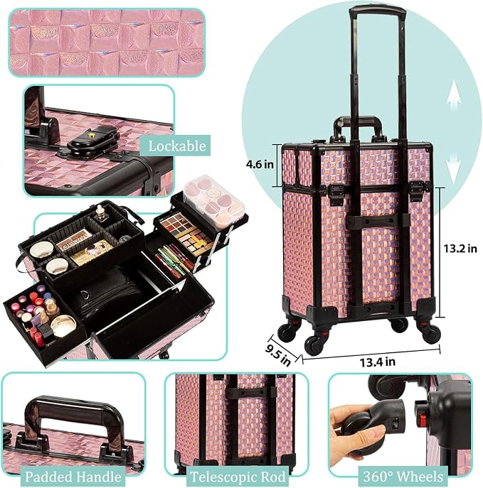 Arous Rolling Train Makeup Case Cosmetology Case on Wheels, Colorful | Cosmetic Travel Trolley 4 Tray with Sliding Rail Removable Middle Layer with Key Salon Barber Case Traveling Cart Trunk - Image 5