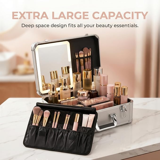 CHENGLIN Extra Large 15 inches Makeup Case with Lighted Mirror – Cosmetic Organizer with Adjustable Dividers, Magnetic LED Mirror, Portable Makeup Suitcase for Women (Silver) - Image 7