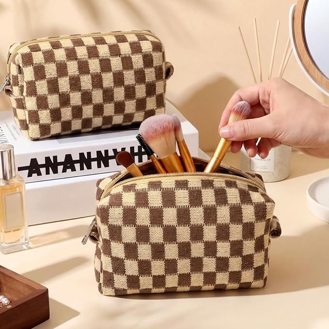 Gilprop 8 Pcs Checkered Makeup Bag for Purse Small Cosmetic Pouch Bulk Portable Zipper Makeup Pouch Travel Toiletry Organizer Gifts for Women Bridesmaid Wedding Party Favors (Brown) - Image 3