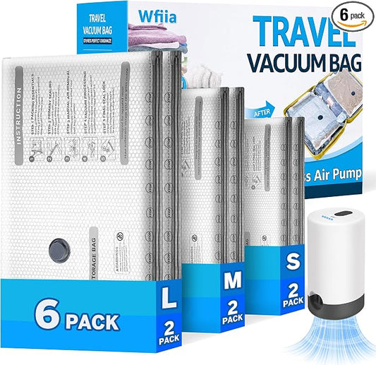 6 Packs Vacuum Bags for Travel with Rechargeable Pump, 3 Sizes Vacuum Seal Bags for Clothing, Compression Vacuum Travel Bags for Luggage, Vacuum Packing Bags for Closet Organization by Wfiia