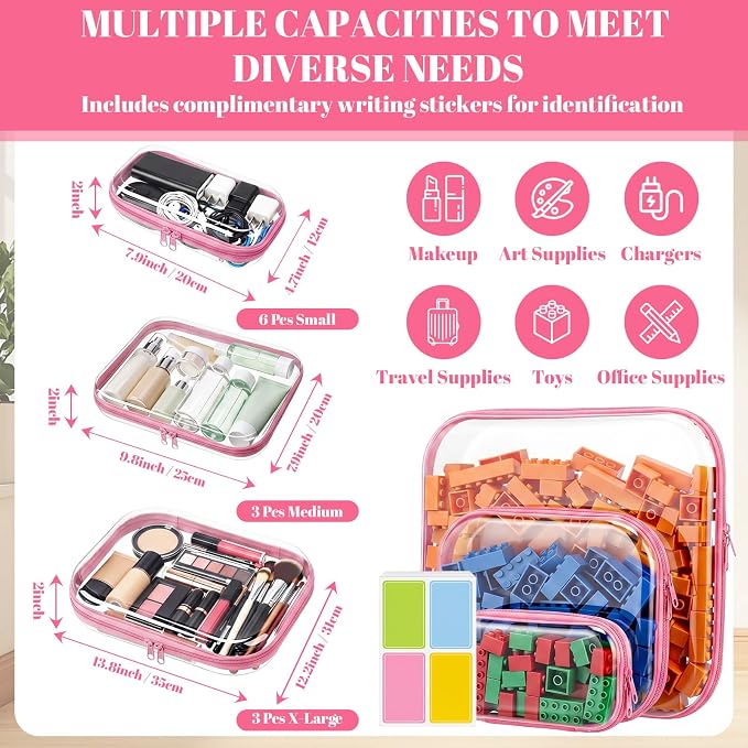 12 Pack Clear Hard Shell Zipper Case with 40 Labels, X-Large/Medium/Small Stackable Clear Pouches, Crush-resistant Travel Toiletry Bag Organizer for Makeup Board Games Electronics (Pink) - Image 2