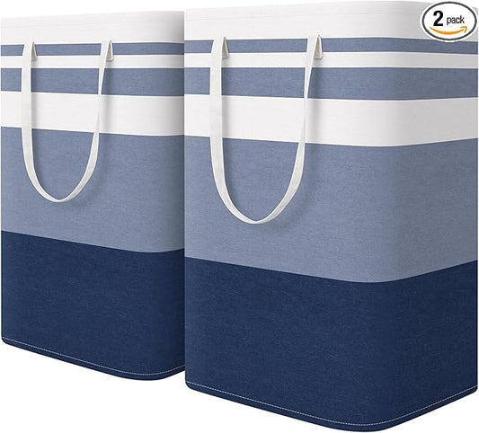 HomeHacks 2-Pack Large Laundry Basket, Waterproof, Freestanding Laundry Hamper, Collapsible Tall Clothes Hamper with Extended Handles for Clothes Toys in the Dorm and Family (Blue, 75L)