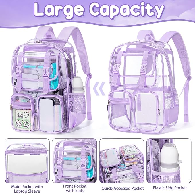 Fimibuke Clear Backpack for Girls - 3 PCS Heavy Duty Kids Boys Clear Bags Schoolbag Large Transparent PVC Bookbag with Lunch Box Pencil Case Set for Travel School Concert Stadium Events Backpacks - Image 3