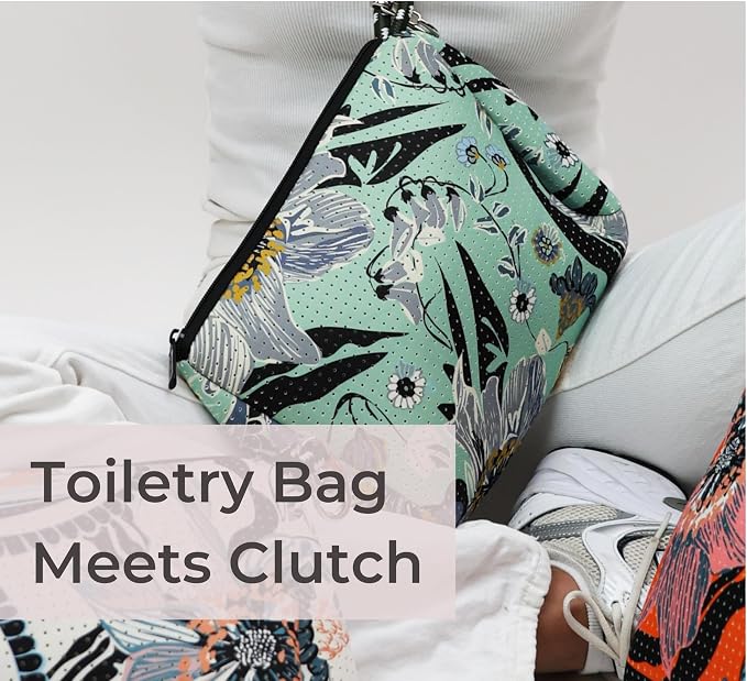 POPUPS Brand Large Makeup Bag with Zipper - Neoprene Machine Washable Travel Toiletry Cosmetic Organizer Pouch for Women (Print Blossom Mint) - Image 5