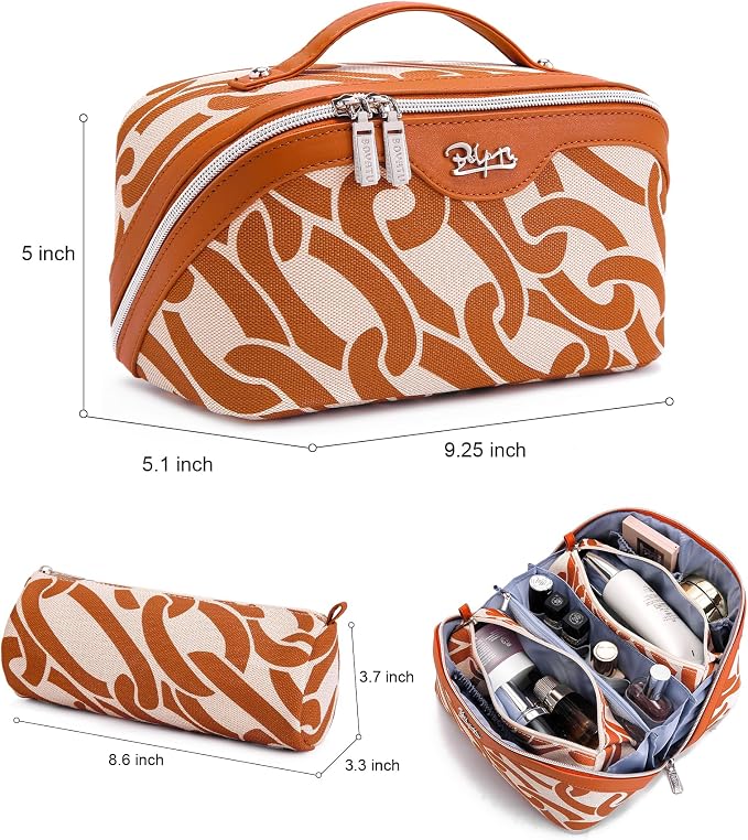 BOYATU Travel Makeup Bag for Women: Large Capacity 3-Piece Cosmetic & Toiletry Organizer - Expands Storage by 50% with 2 Detachable Pouches,Opens Flat for Easy Packing,Waterproof PU Leather(Orange) - Image 5