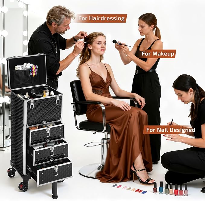 Rolling Makeup Train Case with 3 Drawers, Nail Trolley Cart Salon Station Cosmetology Case on Wheels Organizer Cases for Nail Tech,SPA,Face Painting,Hairstylist,Makeup Artist (Silver & Black) - Image 3