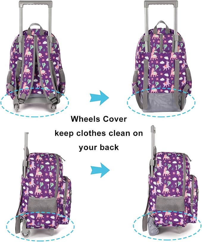 Tilami Rolling Backpack 18 inch Double Handle with Lunch Bag Wheeled Kids Backpack for Girls and Boys, Purple Alpaca - Image 5