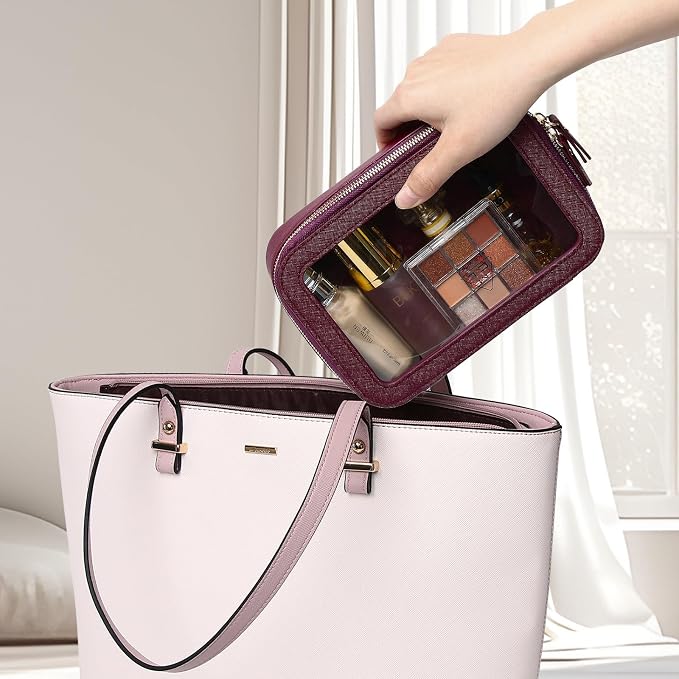 Clear Makeup Bag Small Cosmetic & Toiletry Bag Waterproof Travel Case Women's Pouch Organizer Makeup Bag for Car with Zipper (Burgundy, Small) - Image 4