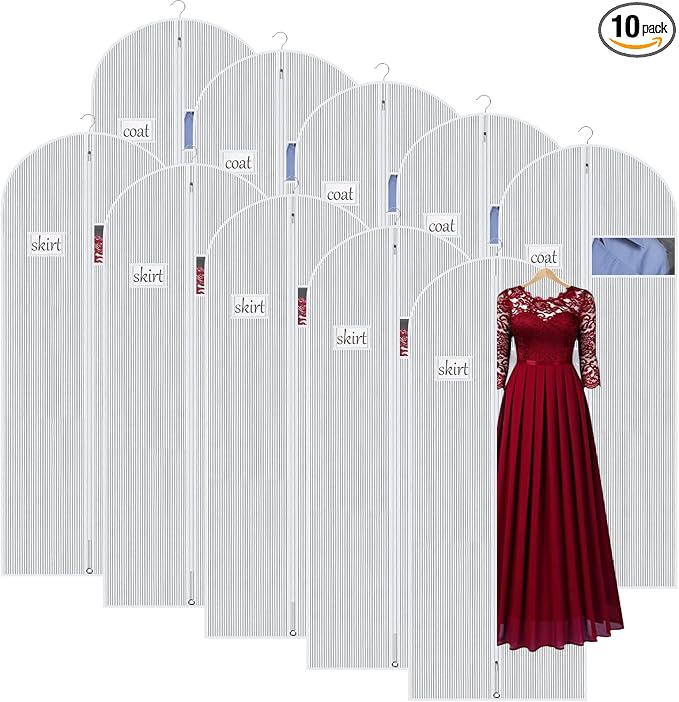 Univivi Long Garment Bags Dress Bags for Gowns, 60 Inch, 10 Pack, White | Breathable Dress Bag, Dustproof Hanging Garment Bag, Clear Window and ID Card Holder for Coats, Dresses by Univivi