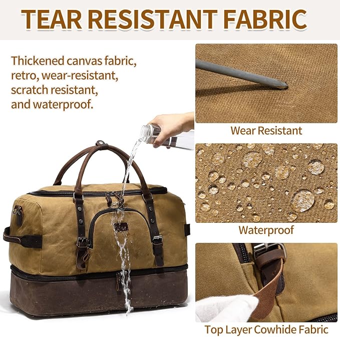 Nerlion Weekender Bag with Shoe Compartment Large Overnight Bag for Men Canvas Genuine Leather Carry on Luggage Bag Travel Duffel Bag(Brown) - Image 7