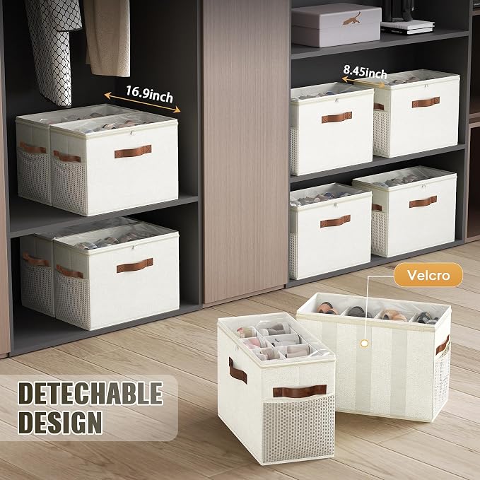 2 Pack Shoe Organizer for Closet, Foldable Shoe Storage with Adjustable | Farbic shoe storage organizer box bin with clear cover, fits up to 16 pairs, shoe storage box for closet, entryway, beige - Image 5