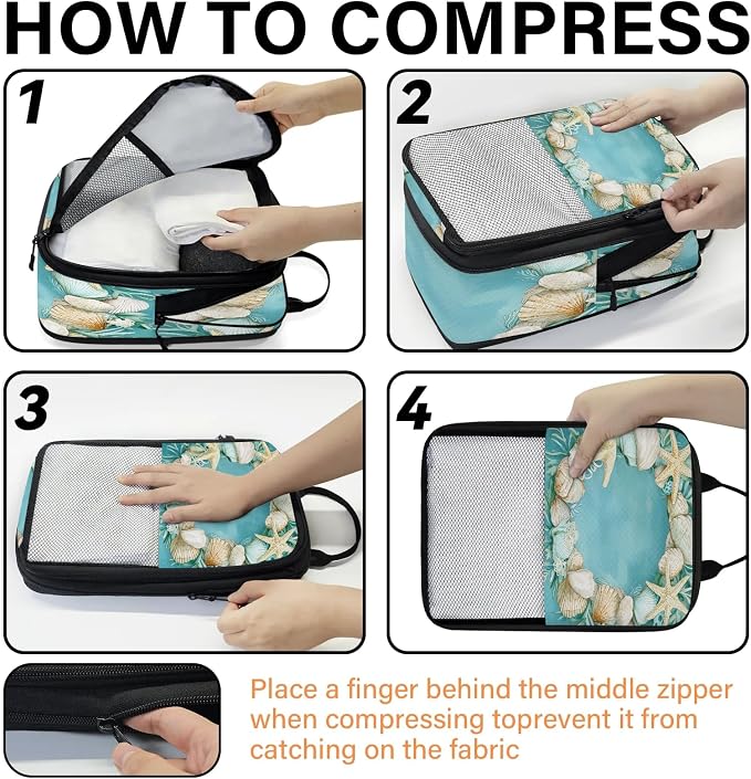 Beach Theme Starfish Shell Compressible Packing Cubes for Suitcase 6 Set Lightweight Expandable Compression Packing Travel Luggage Organizer - Image 4