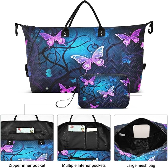 YETTASBIN Travel Duffel Bag for Women Men, Purple Blue Butterfly Large Waterproof Weekender Overnight Bag, Detachable Shoulder Strap Travel Sport Gym Bag with Toiletry Bag - Image 2