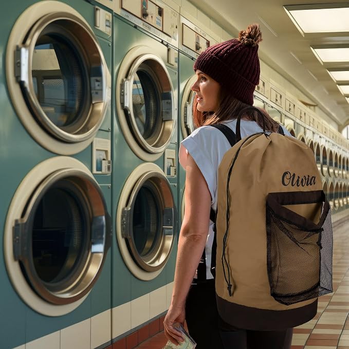 Personalized Travel Laundry Backpack, Embroidered Extra Large Laundry Bag For Travel with Shoulder Strap, Custom Heavy Duty Bag with Mesh Pocket for Delicates, Traveling and Camping - Image 4