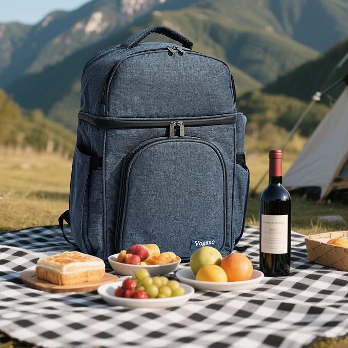 Vogano Picnic Backpack & Accessories – Insulated Picnic Set for 2 Person with Dual Compartments, Lightweight Blanket, Cutlery Set, for Newlyweds and Couples Gifts Blue - Image 6