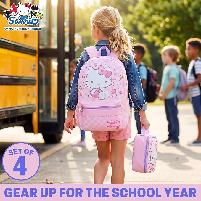 Get Trend Hello Kitty Girls Backpack, Lunch Bag, Pencil Case, Water Bottle | Sanrio 4 Pc Set, 18in Bookbag, Insulated Lunch Bag, Pencil Pouch & 16.9 fl oz BPA-Free Water Bottle, School, Gifts for Girls - Image 2