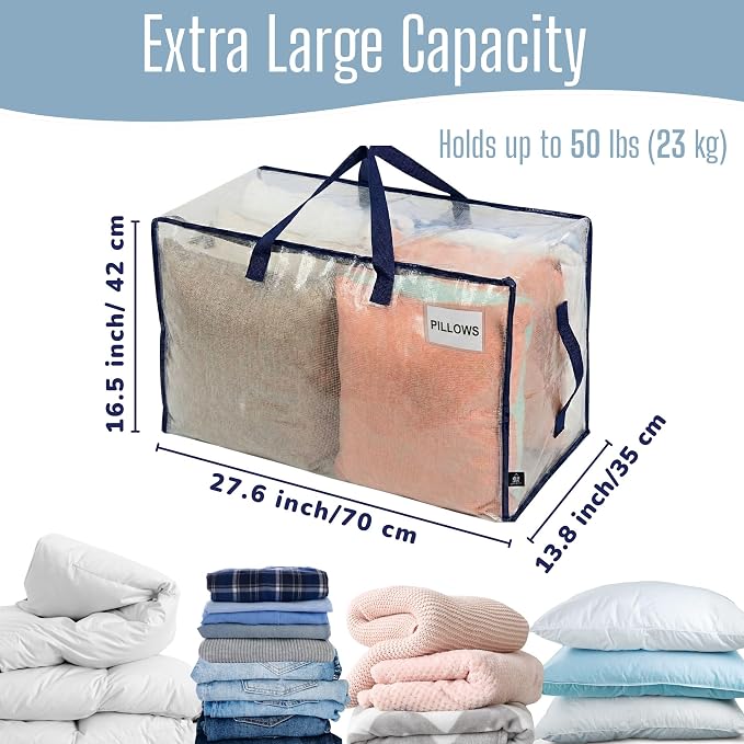 VENO 6 Pack Clear Extra Large Moving Bags & Storage Totes, Heavy Duty Organizer with Reinforced Handles & Strong Zippers for Clothes, College Dorm Essentials, Moving Supplies - Image 4
